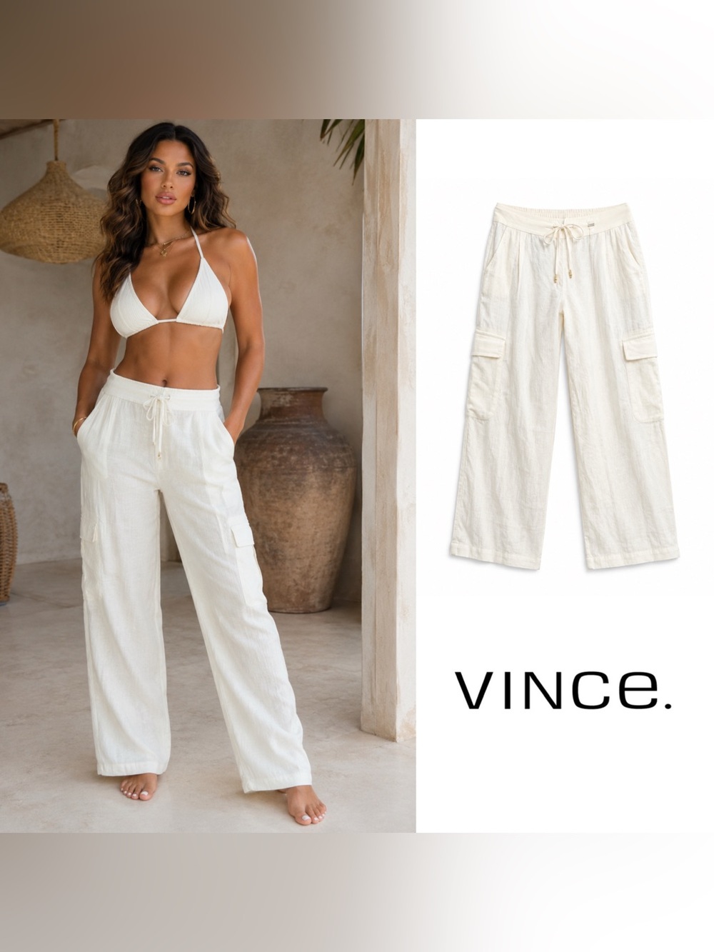 NEW Vince Off-White Wide-Leg Linen Cargo Pants